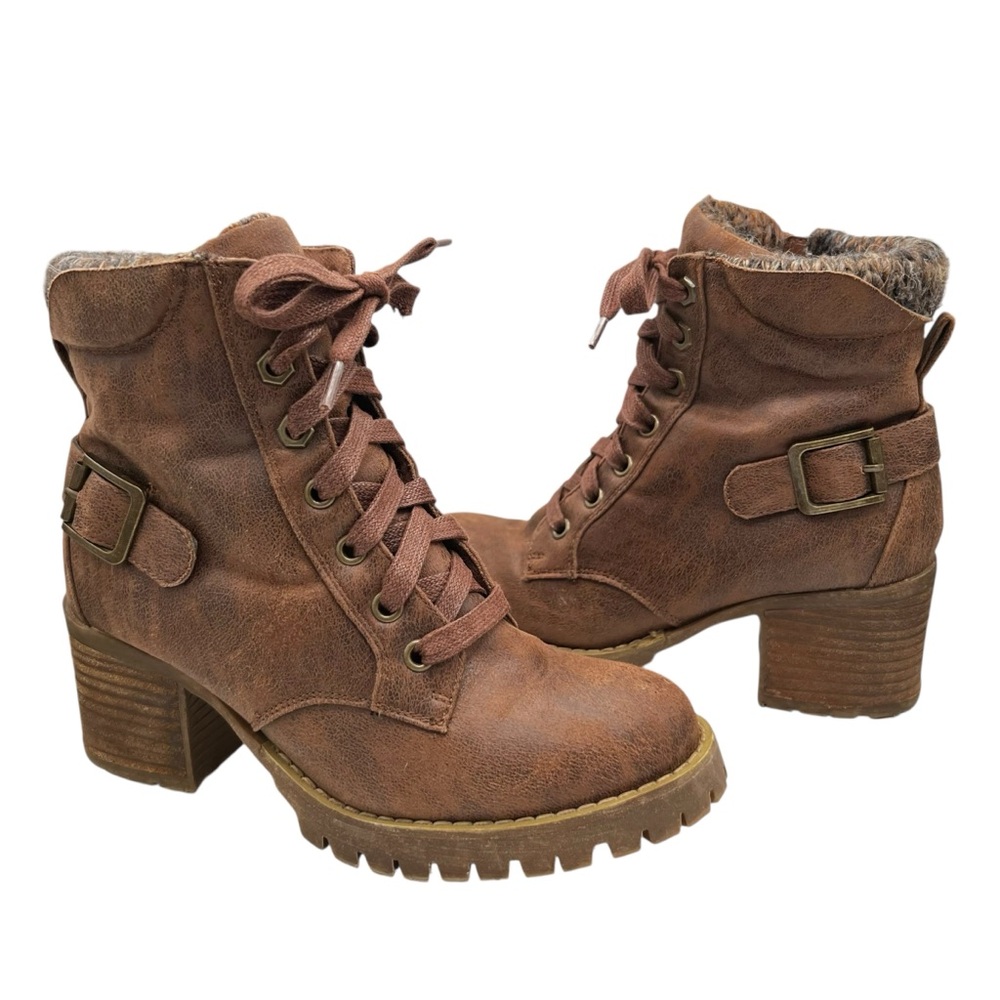 Carlos Santana Brown Faux Leather Lace Up Gibson Ankle Boots